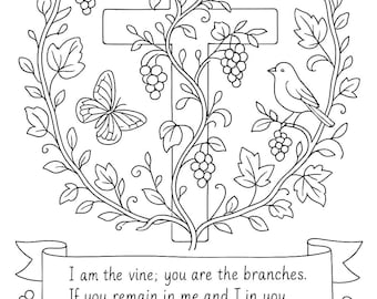 Pacchetto di pagine da colorare cristiane + guida allo studio della Bibbia / Giovanni 15:5 Vite e rami Arte delle Scritture / Meditazione sulla fede stampabile