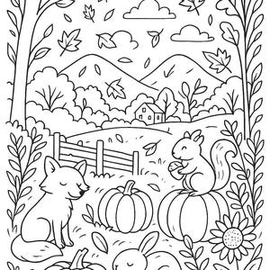 May include: Black and white line art illustration of an autumn scene. A fox, rabbit, and squirrel are among pumpkins and leaves. A house and mountains are in the background. A sunflower and trees frame the scene.