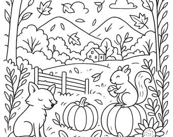 Puede incluir: Ilustración en blanco y negro de una escena otoñal. Un zorro, un conejo y una ardilla están entre calabazas y hojas. Una casa y montañas están en el fondo. Un girasol y árboles enmarcan la escena.