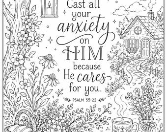 Psalm 55:22 Coloring Page Printable | Christian Cottagecore Coloring Sheet | Bible Verse Art |