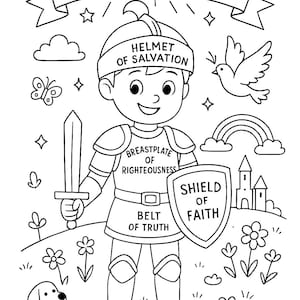 Op de afbeelding: Zwart-wit illustratie van een lachende ridder met een zwaard en schild, omringd door bloemen, een hond en een regenboog. Tekst bevat "Be Strong in the Lord!", "Helmet of Salvation", "Breastplate of Righteousness", "Belt of Truth" en "Shield of Faith".