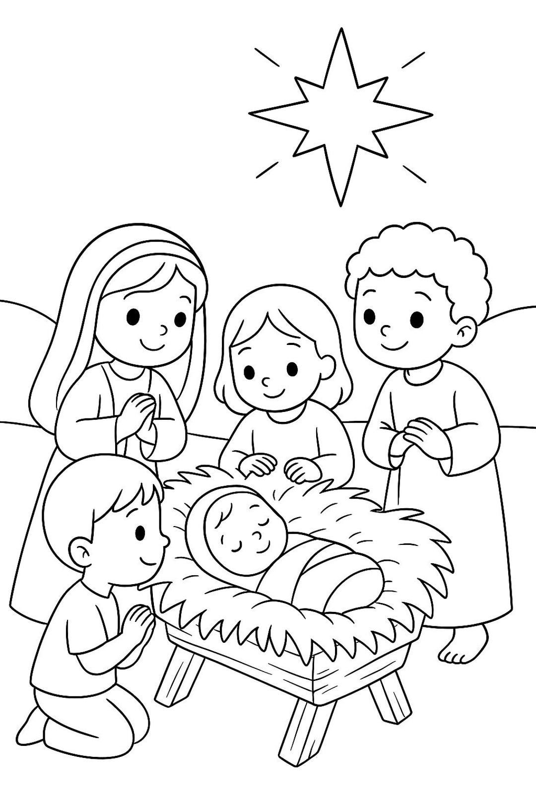Kids Around the Nativity – Christian Christmas Coloring Page | Baby ...
