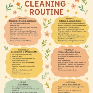 May include: A colorful, illustrated weekly home cleaning routine guide. The text includes daily tasks for the master bedroom, kitchen, bedrooms, office, living room, and a home reset routine. Floral and star accents decorate the page.
