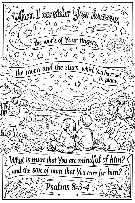 Psalm 8:3–4 Bible Verse Coloring Page | Scripture Coloring Sheet | Faith Coloring Page | Printable Devotional Art