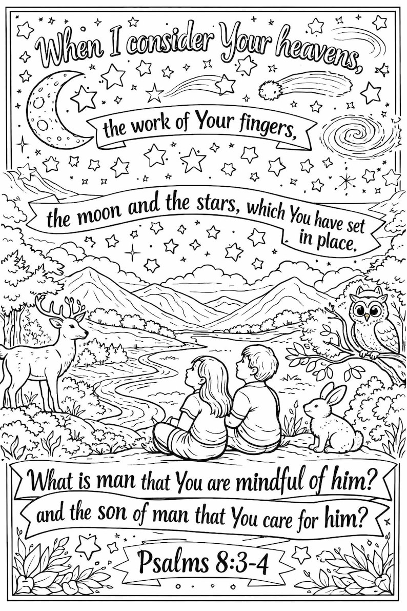 Puede incluir: Ilustraci&oacute;n en blanco y negro con texto de Salmos 8:3-4. La imagen representa un paisaje con un ciervo, un b&uacute;ho y un conejo. Dos ni&ntilde;os est&aacute;n sentados, mirando el paisaje. El texto incluye frases sobre los cielos, la luna y las estrellas.