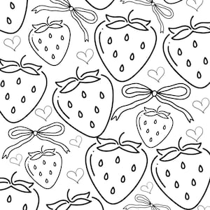 Pode incluir: Padrão em preto e branco com morangos, laços e corações. Os morangos têm sementes e folhas verdes. Os laços têm fitas longas. Os corações são contornos simples.