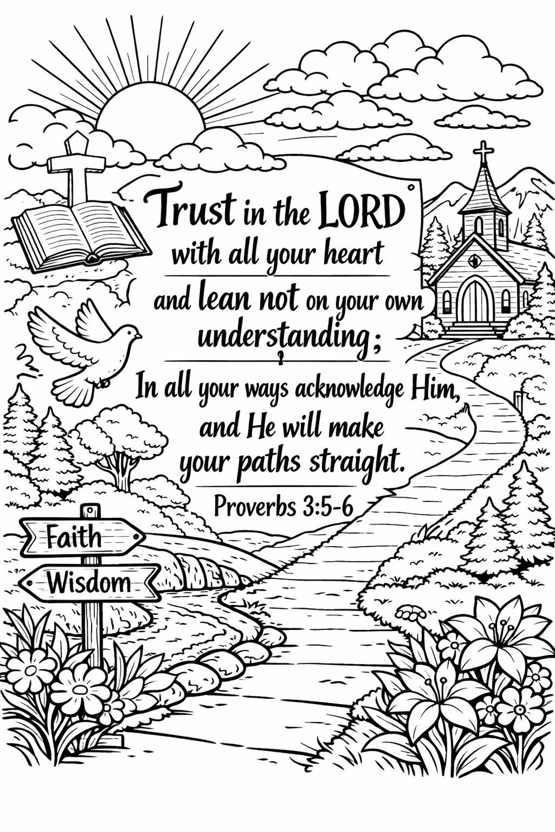 Proverbs 3:5–6 Bible Verse Coloring Page | Christian Printable Wall Art ...