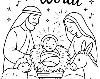 Baby Jesus in Manger Coloring Page | “Joy to the World” Nativity Printable | Christian Christmas Coloring Page for Kids | Isaiah 9:6 |