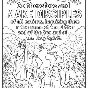 Könnte beinhalten: Schwarz-Weiß-Illustration mit Text aus Matthäus 28,19, mit Jesus, einem Globus und Menschen. Der Text lautet: "Geht nun hin und macht alle Völker zu Jüngern..." und "Hilf uns, Herr, hinzugehen und deine Liebe mit der Welt zu teilen. Amen."