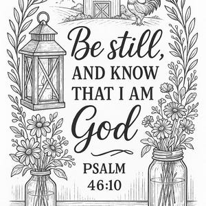 May include: Monochrome illustration featuring the text "Be still, AND KNOW THAT I AM God, Psalm 46:10." The image depicts a barn, rooster, lantern, and flowers in jars, framed by a decorative leafy border.