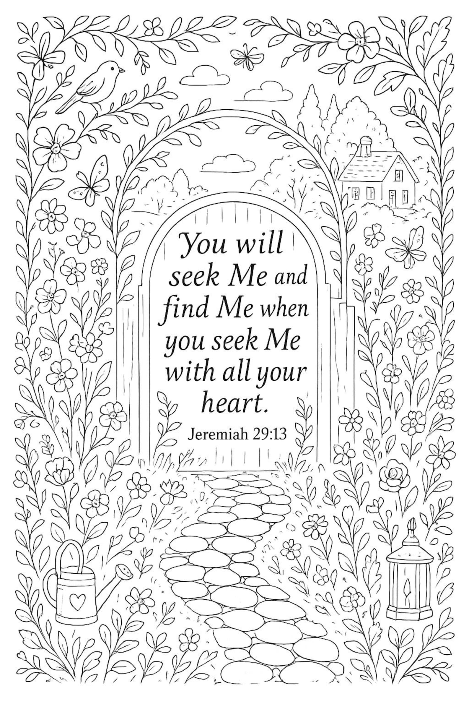 Cottage Scripture Image Jeremiah 29:13 Coloring Page | Cottage Garden Bible Verse Printable ...
