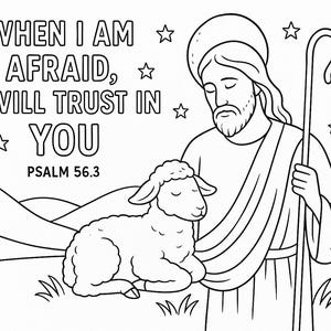 Könnte beinhalten: Schwarz-Weiß-Illustration mit religiösem Thema. Dargestellt ist eine Figur mit Heiligenschein, die einen Stab und ein Lamm hält. Der Text oben lautet "WHEN I AM AFRAID, I WILL TRUST IN YOU" mit "PSALM 56.3" darunter.