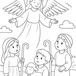 May include: Black and white line art illustration of an angel with outstretched arms, halo, and wings, appearing above three children. The children are holding shepherd's crooks and one is holding a lamb. Clouds are in the background.