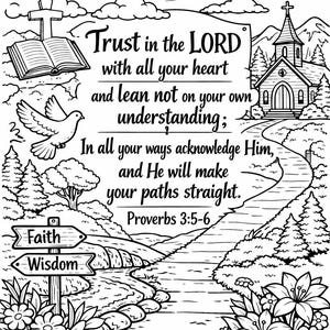 May include: Black and white line art illustration with religious themes. Features a church, cross, open book, dove, and text: "Trust in the LORD... Proverbs 3:5-6." A path leads to the church, with signs pointing to "Faith" and "Wisdom."