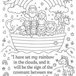 May include: Black and white line art illustration of Noah's Ark with animals, a rainbow, and text from Genesis 9:13. The ark is filled with pairs of animals, including elephants, monkeys, lions, and giraffes. A dove carries an olive branch.