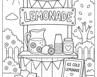 Summer Lemonade Stand Coloring Page Printable | Cute Kids Summer Activity Sheet | Instant Download PDF | Backyard Lemonade Coloring Page