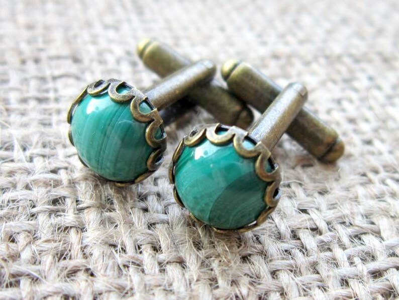 Gifts For Men Cuff Links Formal Wear Black Tie Weddings Green Malachite Gemstone Round Bronze Cufflinks