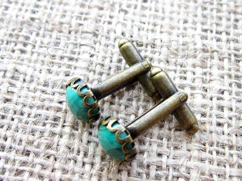 Gifts For Men Cuff Links Formal Wear Black Tie Weddings Green Malachite Gemstone Round Bronze Cufflinks