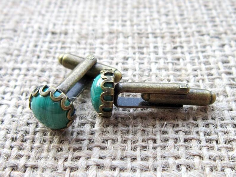 Gifts For Men Cuff Links Formal Wear Black Tie Weddings Green Malachite Gemstone Round Bronze Cufflinks