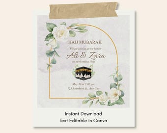 Könnte beinhalten: Eine digitale Einladungskarte für Hajj Mubarak mit einem goldenen Bogenrahmen und floralen Verzierungen. Die Karte enthält die Namen "Ali & Zara" und Veranstaltungsdetails. Der Text unten lautet "Sofort-Download Text editierbar in Canva".
