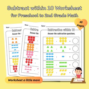 Subtract within 10 l 40 Page Color Worksheet Set (Shapes + Answers) for Preschool to 2nd Grade Math