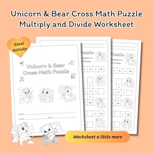 Può includere: Tre fogli di lavoro con sfondo arancione chiaro. I fogli di lavoro presentano un "Unicorn & Bear Cross Math Puzzle" con problemi di moltiplicazione e divisione. I fogli di lavoro hanno illustrazioni di unicorni e orsi.