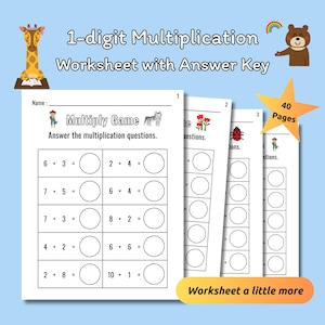 1-Digit Multiplication Worksheets Printable PDF | 40 Pages | Math Practice with Answer Key | Grade 2-3 | Homeschool Resource