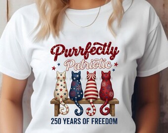 Purrfectly Patriotic Cat PNG, 250 Years of Freedom Shirt Design, 4th of July Sublimation, Patriotic Cats on Bench, America tee