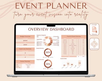 Puede incluir: Un ordenador portátil que muestra un panel de control de planificador de eventos con resúmenes de presupuesto, lista de invitados y comida y bebida. La pantalla muestra gráficos y datos, con el texto "EVENT PLANNER" y "OVERVIEW DASHBOARD".