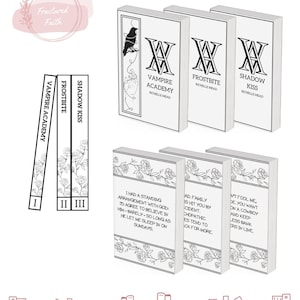May include: A collection of books with white covers and black text. The titles include "Vampire Academy", "Frostbite", and "Shadow Kiss". The spines are also visible, with Roman numerals. The covers feature floral designs and a bird.