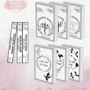 Peut inclure: Plusieurs romans fantastiques avec des couvertures blanches et des illustrations noires. Les titres incluent "Fourth Wing", "Iron Flame" et "Onyx Storm". Les couvertures présentent des motifs de dragons et de flammes, avec le nom de l'auteur, Rebecca Yarros.