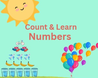 Könnte beinhalten: Eine farbenfrohe Lernillustration mit dem Text "Count & Learn Numbers". Das Bild zeigt eine lächelnde Sonne, Ballons und verschiedene Objekte wie Bananen, Flugzeuge und Wassergläser, die zum Zählen gedacht sind.