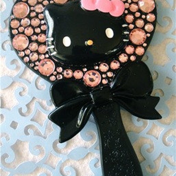 READY To SHIP Tiffany Bow Hello Kitty Black Love Heart Shaped Hand Mirror Neon Bling Baby Light Pink Rhinestones Spring Summer 2012 OOAK