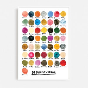 50 Shades of Scotland, quirky Scottish colour chart poster. Fun memento print, colourful wall art, polka dot decor, Scotch artwork gift