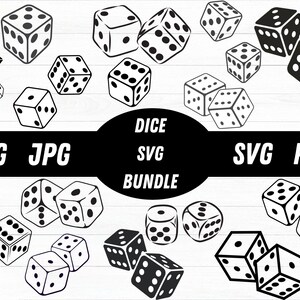 May include: A selection of black and white dice illustrations. The image features various dice arrangements, each die displaying different numbers of dots. Text on the image reads "PNG JPG DICE SVG BUNDLE SVG PDF".
