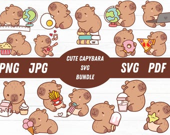 Niedliche Capybara SVG Bundle, sofortiger digitaler Download für Cricut & Silhouette, digitale Aufkleber, süße Capybara PNG, Kawaii Tier Illustration