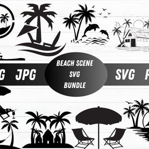 Beach Scene SVG Bundle, Beach Svg, Summer Svg, Beach Palm Tree Svg, Beach Scene Clipart, Woman on Beach Svg, Beach Scene Png, Beach Png