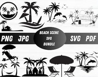 Beach Scene SVG Bundle, Beach Svg, Summer Svg, Beach Palm Tree Svg, Beach Scene Clipart, Woman on Beach Svg, Beach Scene Png, Beach Png