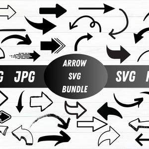 May include: A selection of black and white arrow designs in diverse styles, such as straight, curved, and dotted. The image features the text "ARROW SVG BUNDLE" along with file type indicators: PNG, JPG, SVG, and PDF.