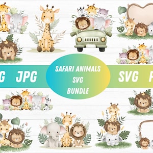Safari animals watercolor clipart \ Safari animals png\ Safari animals png \ baby shower png\ cute animals png \ safari animals outline svg
