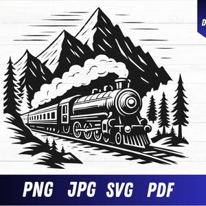 May include: Black and white illustration of a steam train traveling through a mountain landscape. The train is in the foreground, with mountains and trees in the background. The image includes the text "PNG JPG SVG PDF".