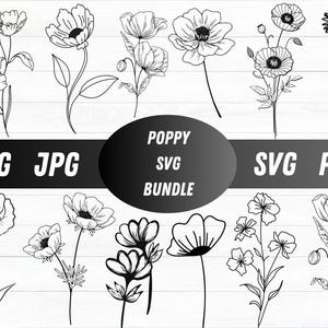Poppy Svg Bundle, Poppy Clipart, Botanical Svg, Flower Svg, Poppy Flower Cut Files For Cricut, Wildflower Svg