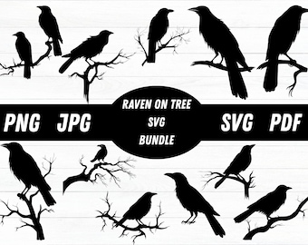 Raven on Tree Branch SVG, Crow Svg, Raven Svg, Crow Silhouettes, Crow Cricut, Crow Clipart, Raven Clipart, Raven Silhouette, Raven Png
