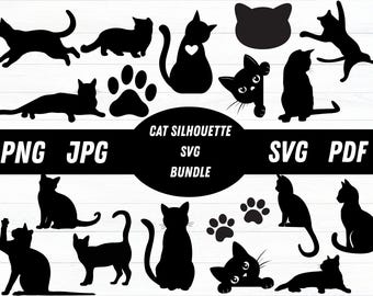 Può includere: Una collezione di sagome di gatti neri in varie pose, tra cui correre, sedersi e giocare. L'immagine include anche impronte di zampe e il testo "CAT SILHOUETTE SVG BUNDLE" con indicatori di tipo di file: PNG, JPG, SVG e PDF.