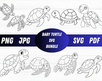 Può includere: Una collezione di illustrazioni in bianco e nero di tartarughe baby. L'immagine include vari disegni di tartarughe, con il testo "Baby Turtle SVG Bundle", insieme ai testi "PNG", "JPG", "SVG" e "PDF".