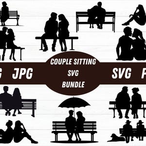 Puede incluir: Una colección de imágenes de siluetas negras de parejas en varias poses. Las parejas se representan sentadas en bancos, abrazándose y bajo un paraguas. El texto en la imagen dice "COUPLE SITTING BUNDLE" con opciones de tipo de archivo.