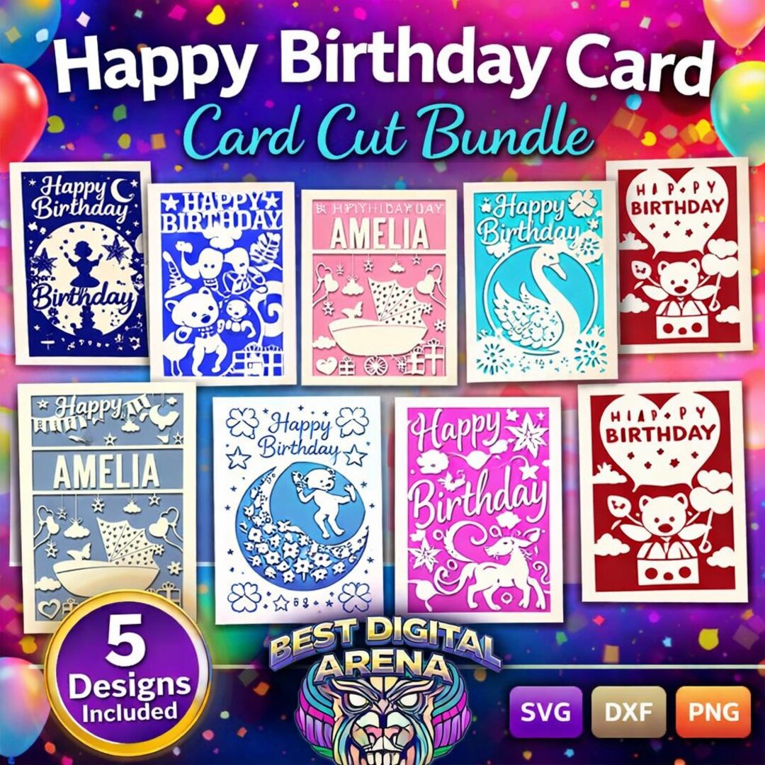 Happy Birthday Card Cut Bundles | 5 Bday Card SVG Files | Paper Cut ...