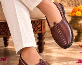 Handcrafted Brown Leather Slip On wedding Shoes, Ethnic Indo Western jutti Loafers