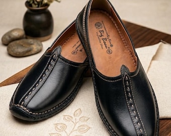 Men's Handmade Black Leather Ethnic Shoes | Wedding Slip-On Loafers | Indo-Western Footwear | Handcrafted Comfort Shoes
