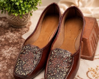 Handmade Brown Leather Jutti Flats | Ethnic Embroidered Boho Slip On Shoes